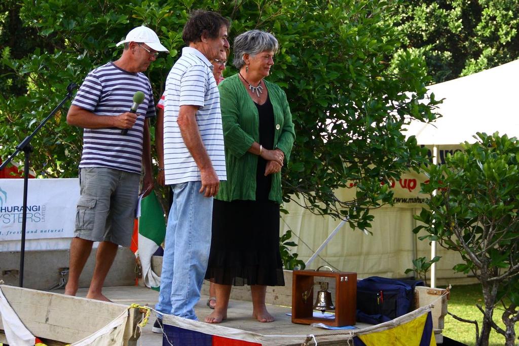 Deputy Mayor Penny Hulse, barefoot and standing on a trailer stage to present the prizes - 2014 Mahurangi Regatta - Classic Yachts January 25, 2014 © Richard Gladwell www.photosport.co.nz